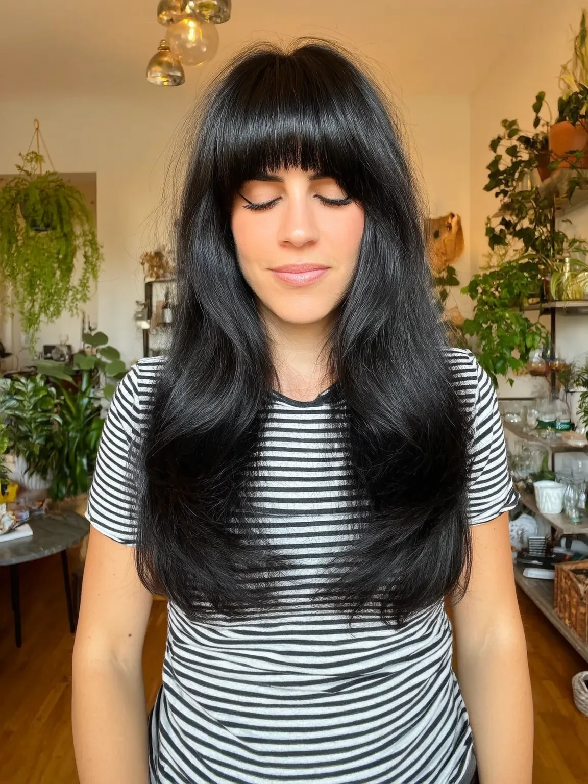 Elegant Long Layers with Blunt Bangs in Raven Black